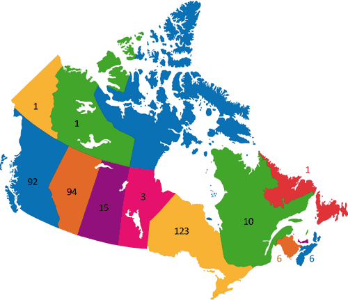 Yukon – 1 
Northwest Territories – 1 
British Columbia – 92 
Alberta – 94 
Saskatchewan – 15 
Manitoba – 3 
Ontario – 123 
Quebec – 10 
Newfoundland and Labrador – 2 
New Brunswick – 6 
Nova Scotia – 6