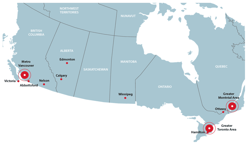 Map of Canada with red bullseye targets over the Metro Vancouver Area, Greater Montréal area and Greater Toronto Area. The map also highlights at the city level volumes of suspicious transactions at virtual currency ATM terminals in Edmonton, Calgary, Winnipeg, Nelson, Abbotsford, Victoria, Ottawa, and Hamilton.
