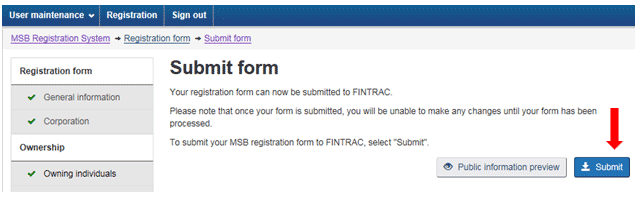 Figure 4 shows the Submit form page. Under the Submit form title, guidance is provided.  It also shows that the Submit button is located to the right.