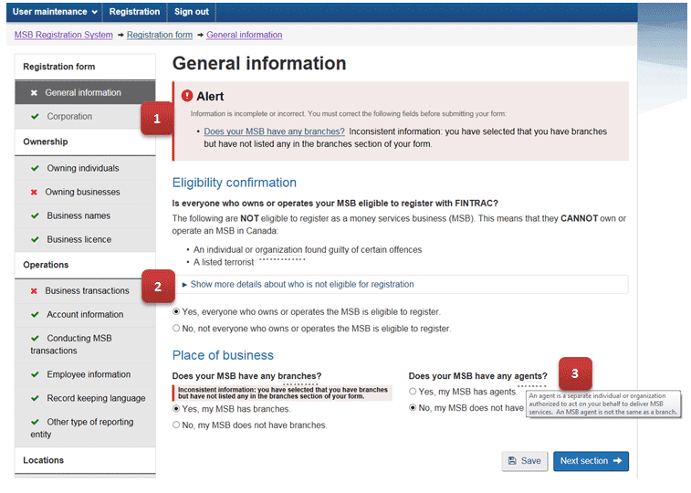 Figure 6 gives examples of three type of indicators that provide additional information in the MSB registration system, such as the notification messages, the Show more bullets, and the dotted underlined words. Each type of indicator is described in the text that follows.