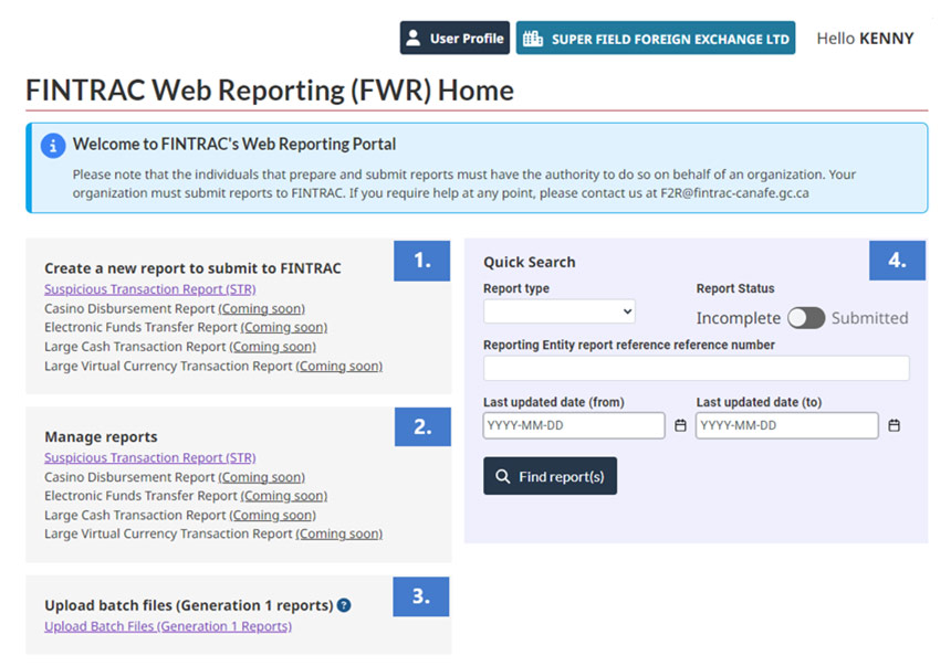 FINTRAC Web Reporting (FWR) Home page with options to create a new report, manage reports, upload batch files, and perform a quick search.