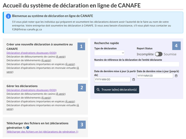 Page d'accueil du Système de déclaration en ligne de CANAFE avec des options pour créer une déclaration, gérer les déclarations, télécharger des fichiers en lot, et effectuer une recherche rapide.