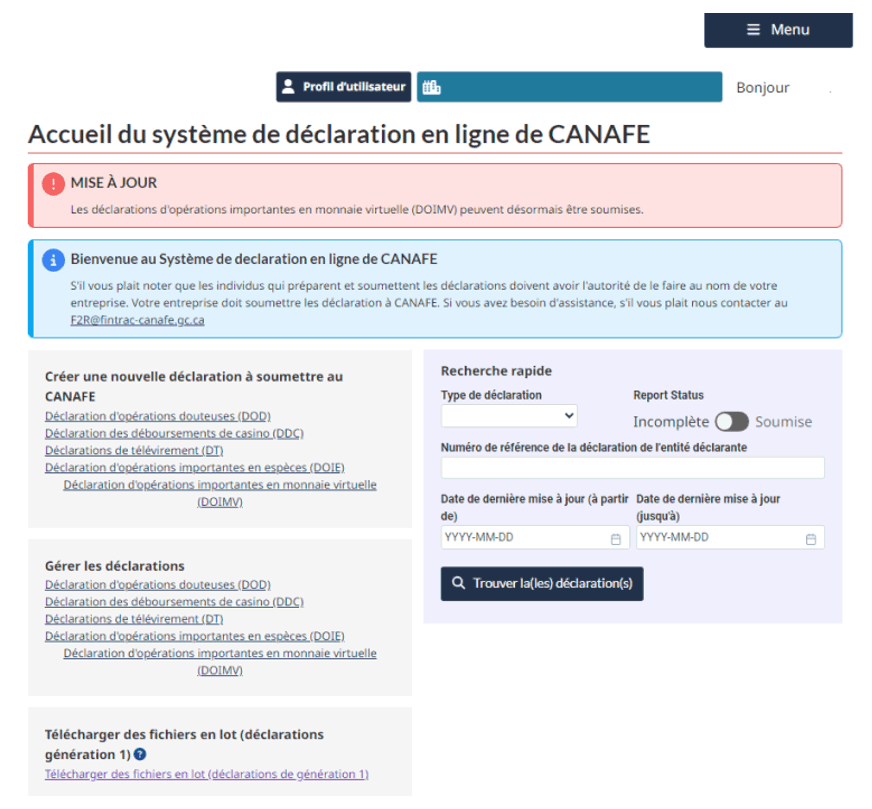 Page d'accueil du système de déclaration en ligne de CANAFE avec bannières MISE À JOUR et Bienvenue, options de déclaration et recherche rapide.