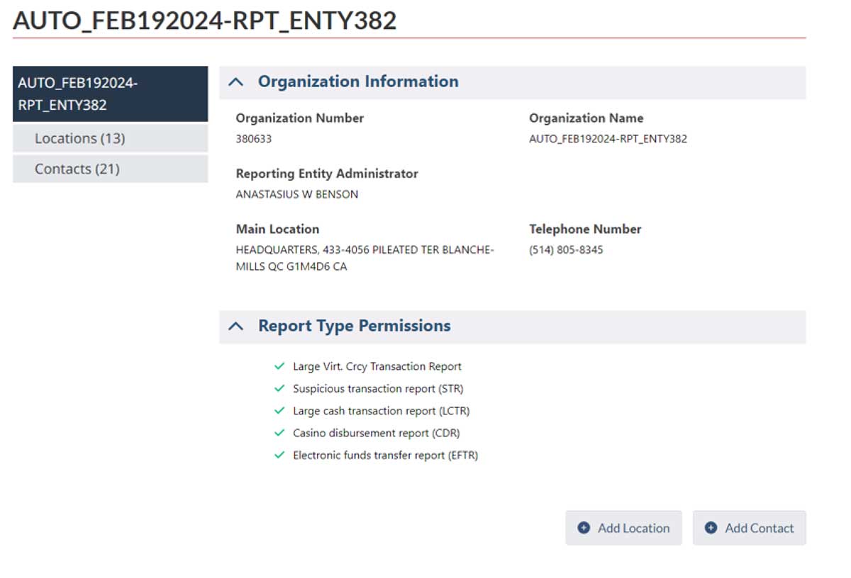 Report page showing organization information, permissions for report types, and options to add a location or contact.