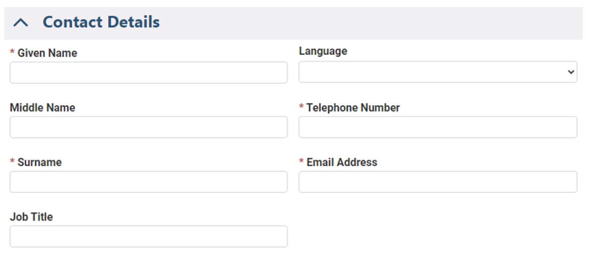 Contact Details form with fields for given name, middle name, surname, job title, language, telephone number, and email address.