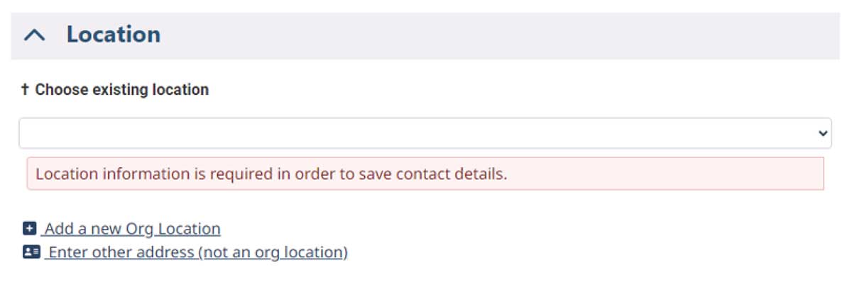 Location section with a dropdown to choose an existing location, error message for missing location, and options to add or enter a new address.