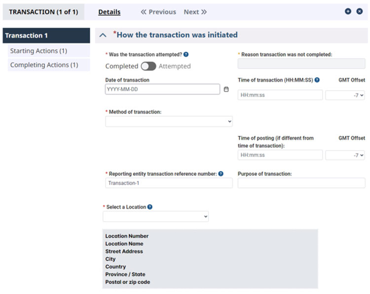 FINTRAC transaction details page showing fields for transaction status, date, method, time, reference number, location, and purpose