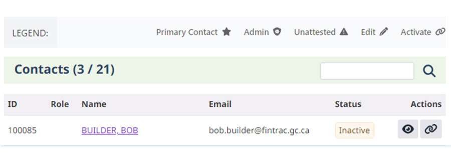 Contact list showing ID 100085, role, name 'BUILDER, BOB,' email, status 'Inactive,' and icons for viewing and reactivating the contact.