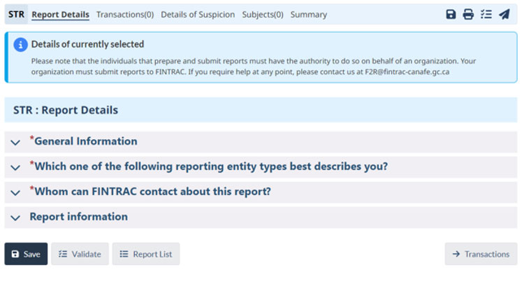 FINTRAC STR page showing sections for General Info, Reporting Entity Types, Contact Info, and Report Info. Options: Save, Validate, Report List, Transactions.