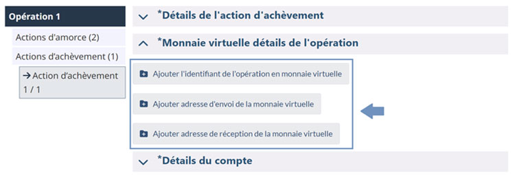 Page de CANAFE montrant les détails de l'opération en monnaie virtuelle avec des options pour ajouter l'identifiant de l'opération, l'adresse d'envoi et l'adresse de réception.