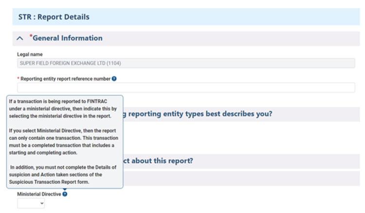 FINTRAC STR page showing 'Transactions' tab with a list of transactions, reference numbers, date/time, and actions. Options: save, validate, add transaction.