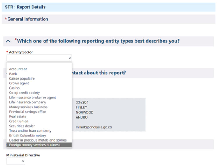 FINTRAC STR page showing 'Activity Sector' dropdown menu with various options and contact information displayed.