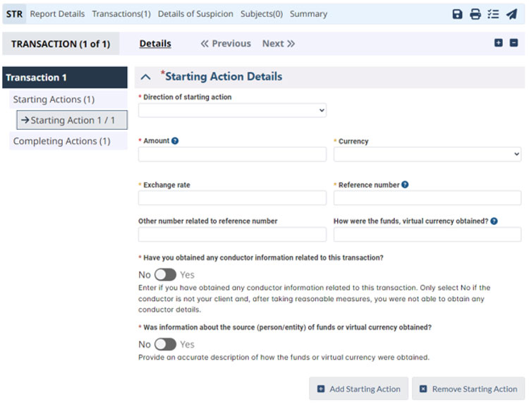 FINTRAC transaction page showing 'Starting Action Details' with fields for direction, amount, currency, exchange rate, reference number, and additional transaction details.