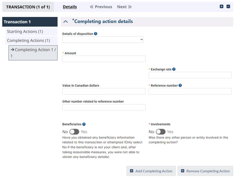 FINTRAC transaction page showing 'Completing Action Details' with fields for disposition details, amount, exchange rate, reference number, and beneficiary information.