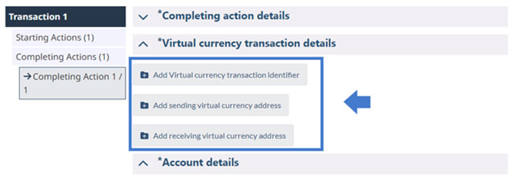 FINTRAC page showing 'Virtual Currency Details' with options to add transaction ID, sending address, and receiving address.