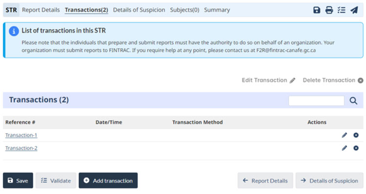 FINTRAC STR page showing 'Transactions' tab with a list of transactions, reference numbers, date/time, and actions. Options: save, validate, add transaction.