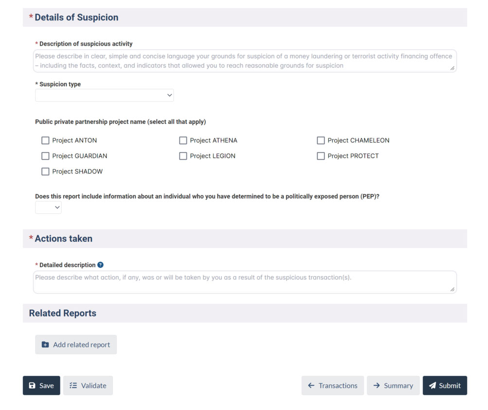 Form showing 'Details of Suspicion' and 'Actions taken' fields with options for suspicion type, project names, PEP question, related reports, and submit button.