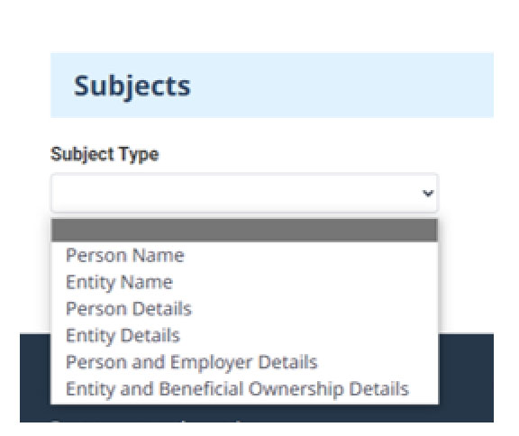 FINTRAC STR page with 'Subjects' dropdown menu options: Person Name, Entity Name, Person Details, Entity Details, Person and Employer Details