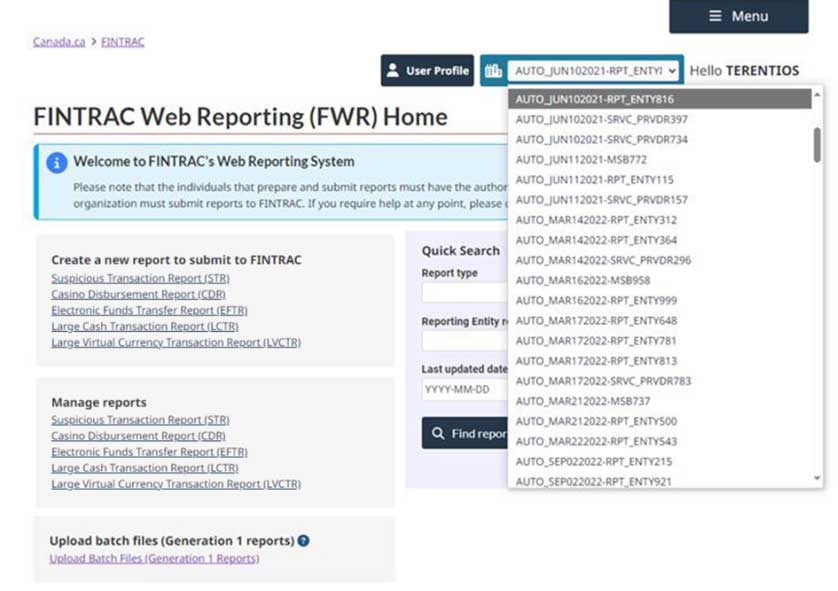 FINTRAC FWR Home page with options to create/manage reports, upload batch files, and quick search. Dropdown for batch certification tests open.