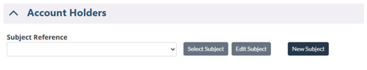 FINTRAC STR page showing 'Account Holders' section with options to select, edit, or create a new subject