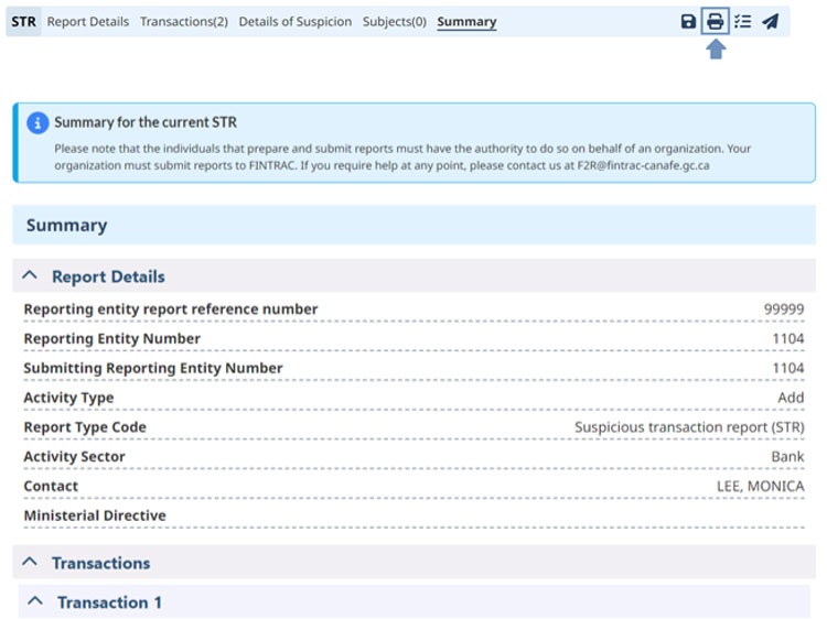 FINTRAC STR list showing incomplete reports with status, reference number, last updated by, date, and actions to view, edit, or delete.