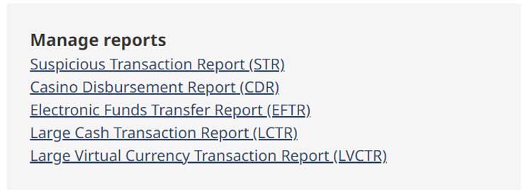 FINTRAC STR filter options for keyword, date range, incomplete or submitted STRs, with columns for type, status, source, reference number, and actions