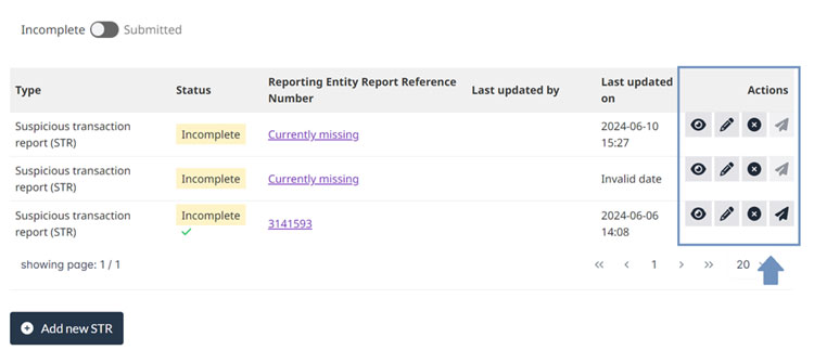 FINTRAC STR list showing incomplete reports with status, reference number, last updated by, date, and actions to view, edit, or delete.