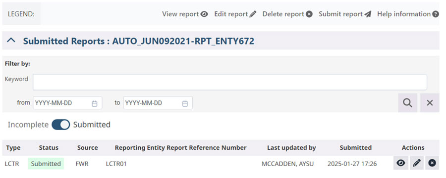 Submitted report 'AUTO_JUN092021-RPT_ENTY672' with type 'LCTR,' status 'Submitted,' source 'FWR,' last updated by 'MCCADDEN, AYSU.