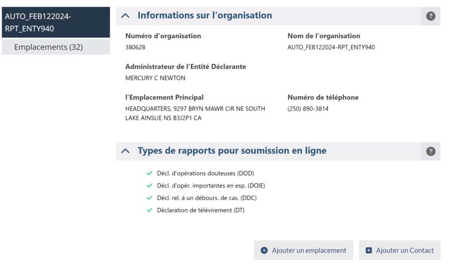 Panneau montrant les infos d'organisation : numéro, nom, admin, emplacement, téléphone et types de rapports autorisés (DOD, DOIE, DDC, DT).