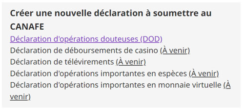 Créer une nouvelle déclaration à  soumettre à CANAFE