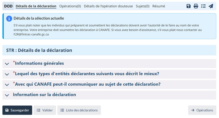 Page de la DOD à CANAFE montrant les sections sur les renseignements généraux, les types d'entités déclarantes, les coordonnées et l'information relative à la déclaration. Options : Sauvegarder, Valider, Liste des déclarations et Opérations.