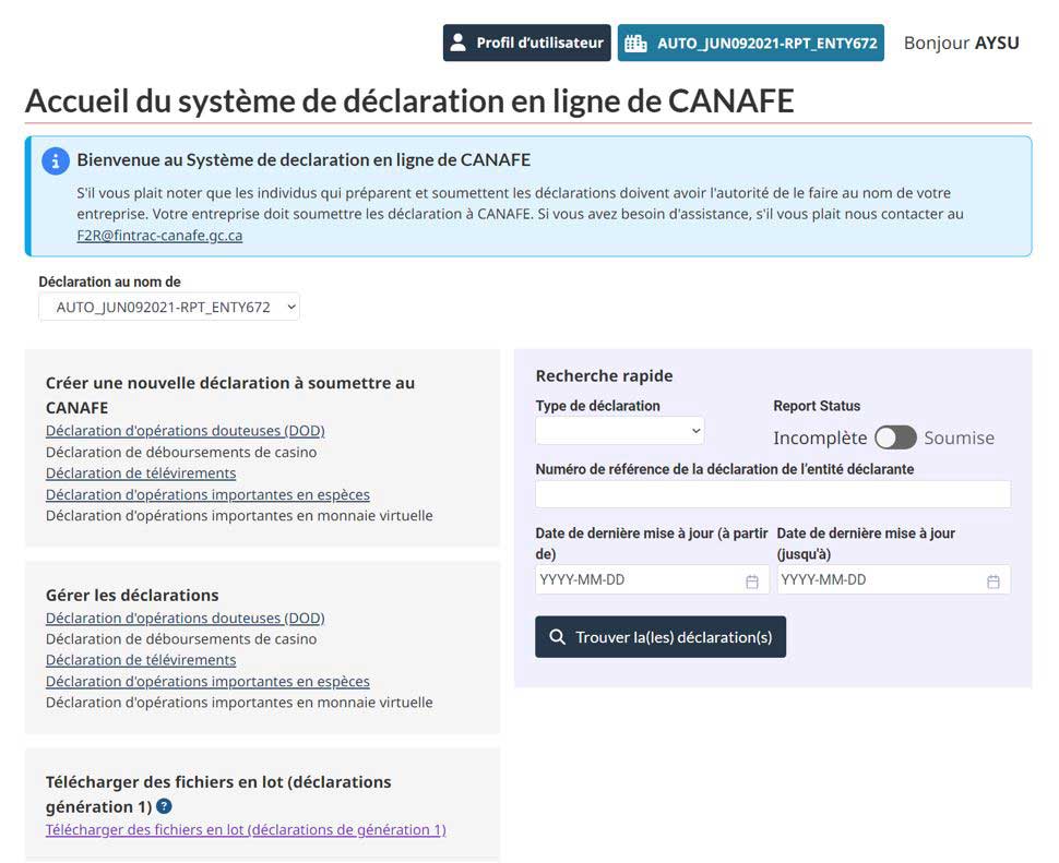 Page d'accueil du Système de déclaration en ligne de CANAFE avec des options pour créer et gérer des déclarations et télécharger des fichiers en lot. Liste déroulante pour « Déclaration au nom de ».