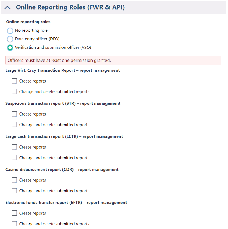 Online Reporting Roles section with options for roles, permissions for various report types, and an error message for missing permissions.