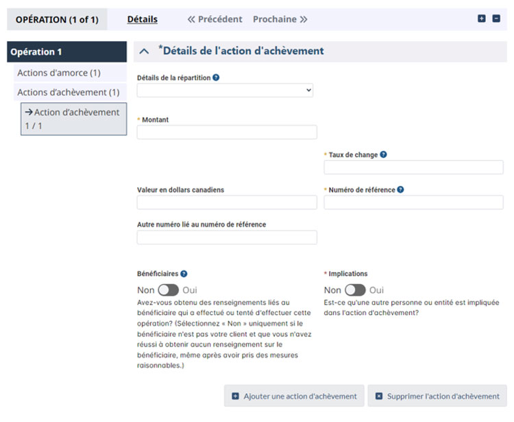 Page de la DOD à CANAFE montrant les sections sur les renseignements généraux, les types d'entités déclarantes, les coordonnées et l'information relative à la déclaration. Options : Sauvegarder, Valider, Liste des déclarations et Opérations.