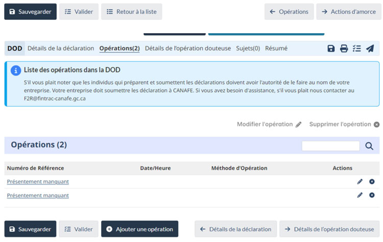Page de la DOD à CANAFE montrant l'onglet « Opérations » avec une liste des opérations, des numéros de référence, des dates, des heures et des actions. Options : Sauvegarder, Valider et Ajouter une opération.