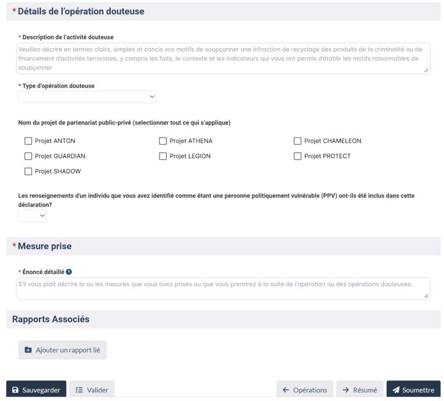 Formulaire détaillant l'opération douteuse, les mesures prises, projets publics-privés, PPV, avec options de sauvegarde, validation, et soumission.