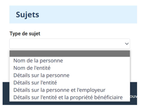 Page de la DOD à CANAFE avec les options du menu déroulant « Subject Type » : Nom de la personne, Nom de l'entité, Détails sur la personne, Détails sur l'entité, et Détails sur la personne et l'employeur.