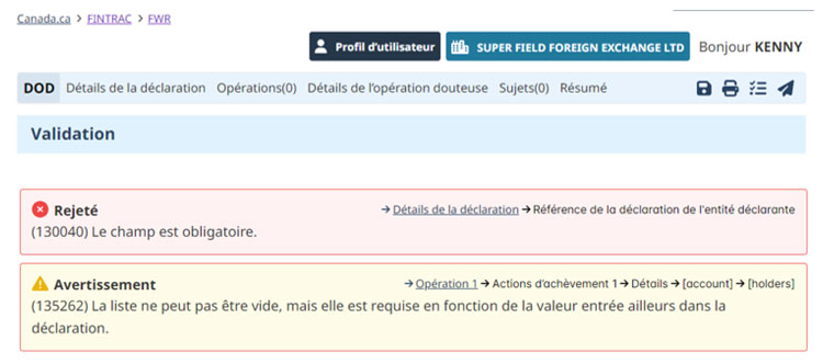 Page de la DOD à CANAFE montrant des messages de validation : Avertissement pour des renseignements manquants sur la personne ou l'entité qui effectue l'opération et deux rejets pour des erreurs de validation.