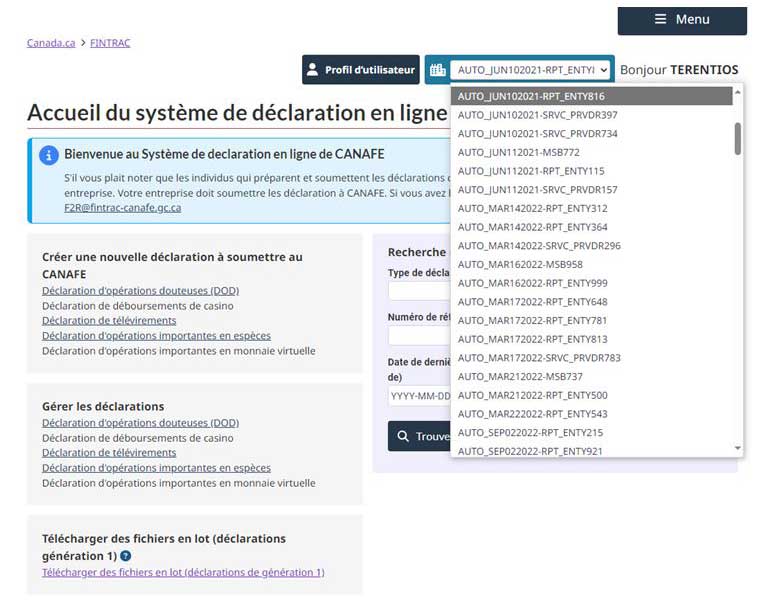 Page d'accueil du Système de déclaration en ligne de CANAFE avec le menu déroulant ouvert pour les entités déclarantes. Les options pour créer/gérer les déclarations, les filtres de recherche,  et « Menu » sont visibles.