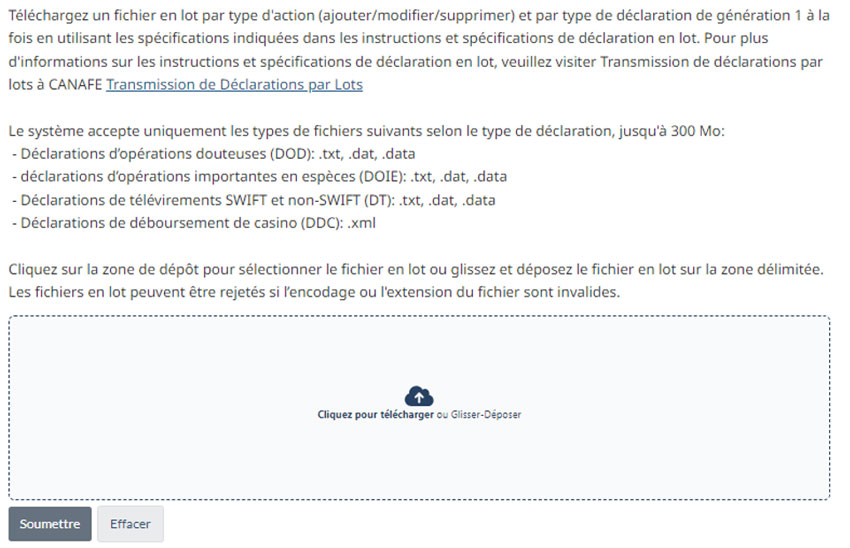  Page sur le téléchargement des fichiers en lot avec des instructions, des exigences sur le type de fichiers, une zone de téléchargement pour glisser-déposer les fichiers, et les boutons Soumettre et Effacer.