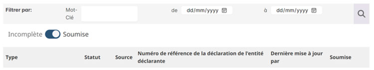 Options de filtrage des DOD à CANAFE par mot-clé, plage de dates et statut (incomplètes ou soumises) avec des colonnes pour le type, le statut, la source, le numéro de référence et les actions.