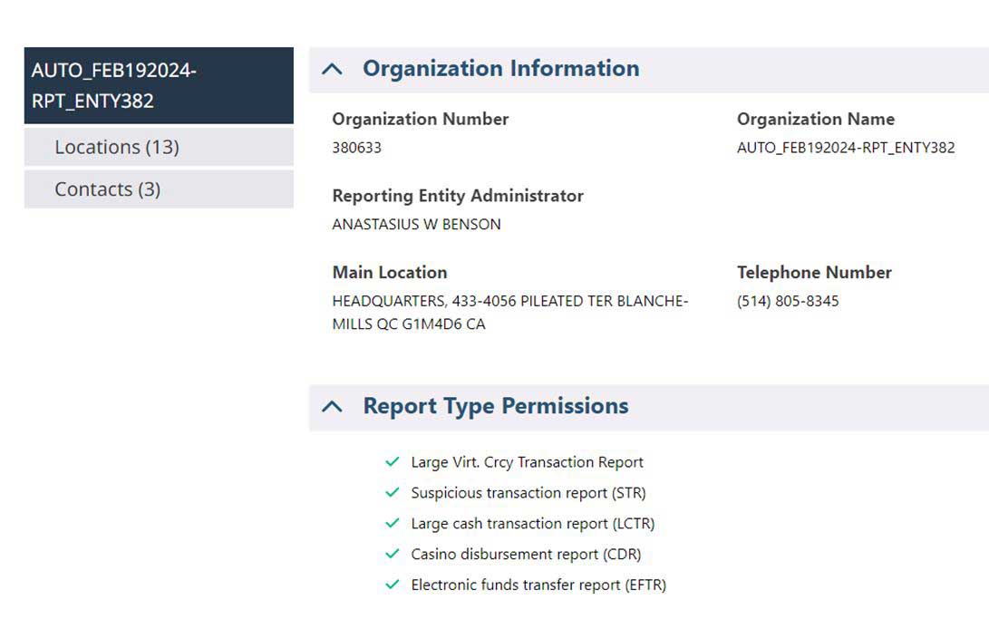 Organization info with number, name, admin, location, and phone. Report type permissions include 5 types like STR, LCTR, and EFTR