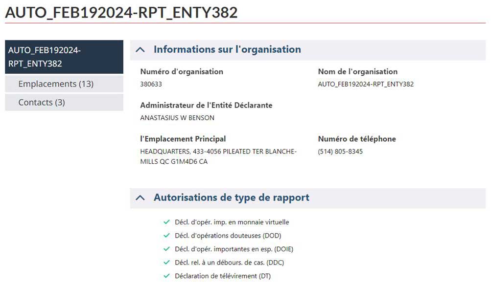 Panneau montrant les infos d'organisation : numéro, nom, admin, emplacement, téléphone et types de rapports autorisés (DOD, DOIE, DDC, DT).