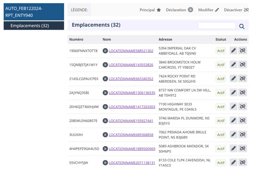 Tableau des emplacements avec numéro, nom, adresse, statut (actif) et actions (modifier, désactiver) pour chaque emplacement.