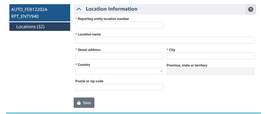 Form to input location info including reporting entity location number, location name, street address, city, country, postal code, and save button.