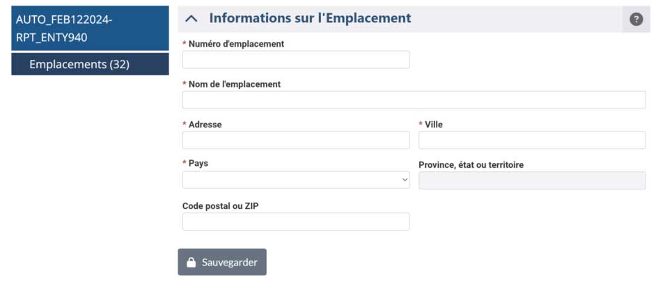 Tableau des emplacements avec numéro, nom, adresse, statut (actif) et actions (modifier, désactiver) pour chaque emplacement.