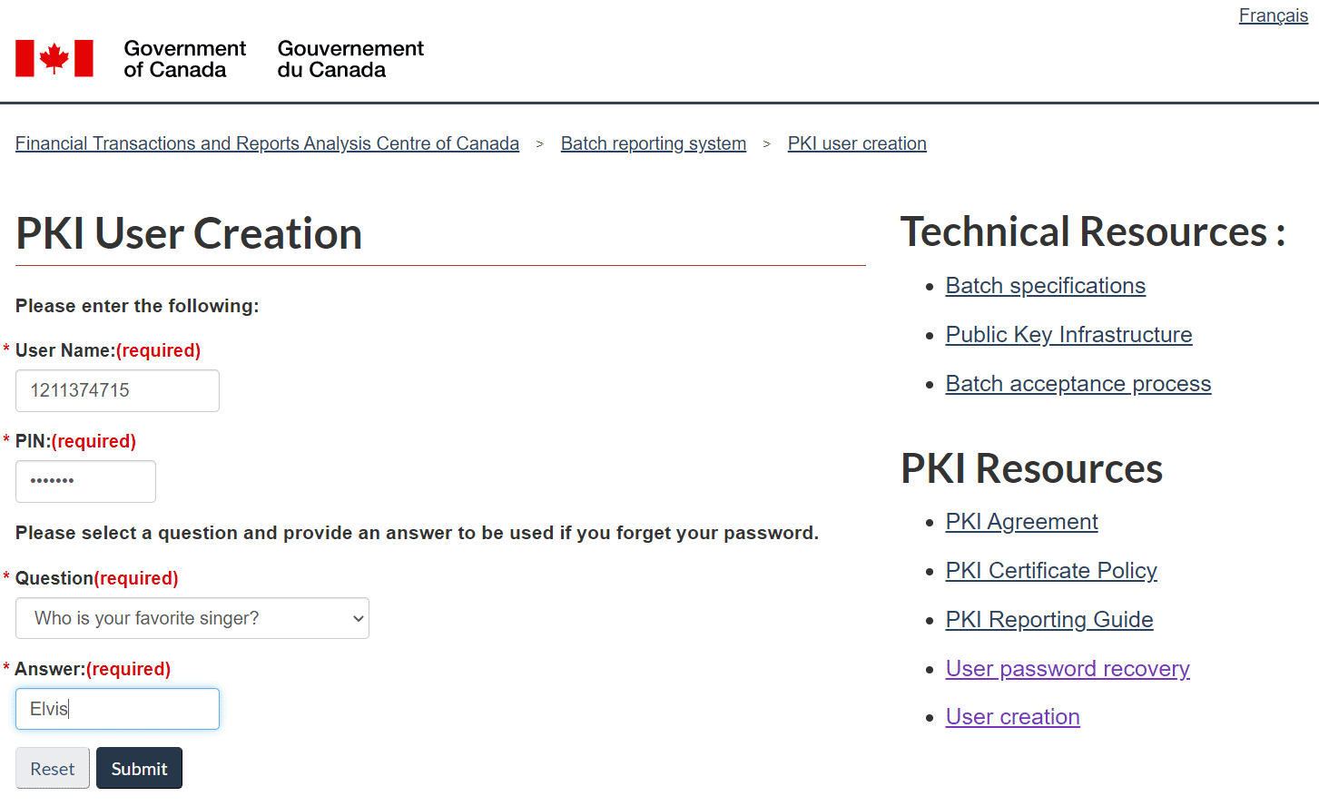 Example of a filled out PKI User Creation. All the fields contain information 