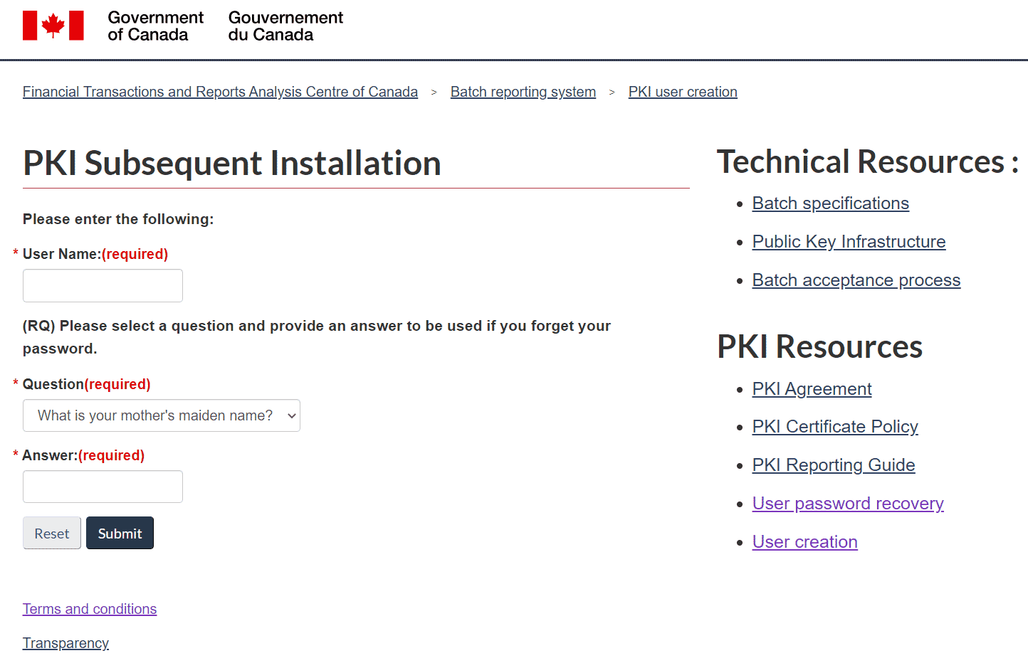 PKI Subsequent Installation form with the following required fields: User Name, Question and Answer 